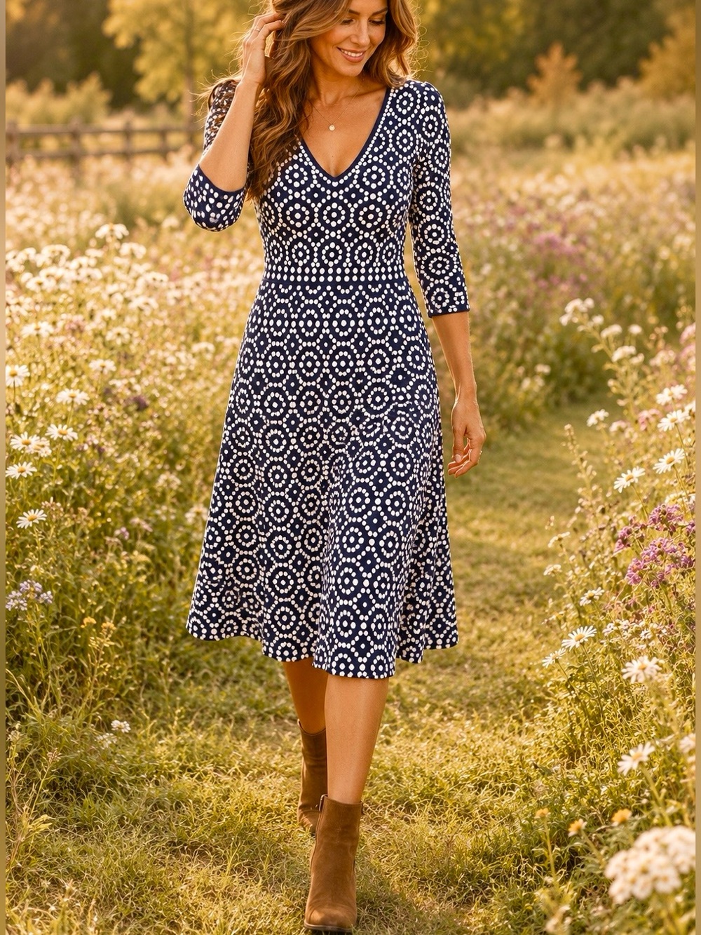 Boden Navy and White Geometric V-Neck Midi Dress
